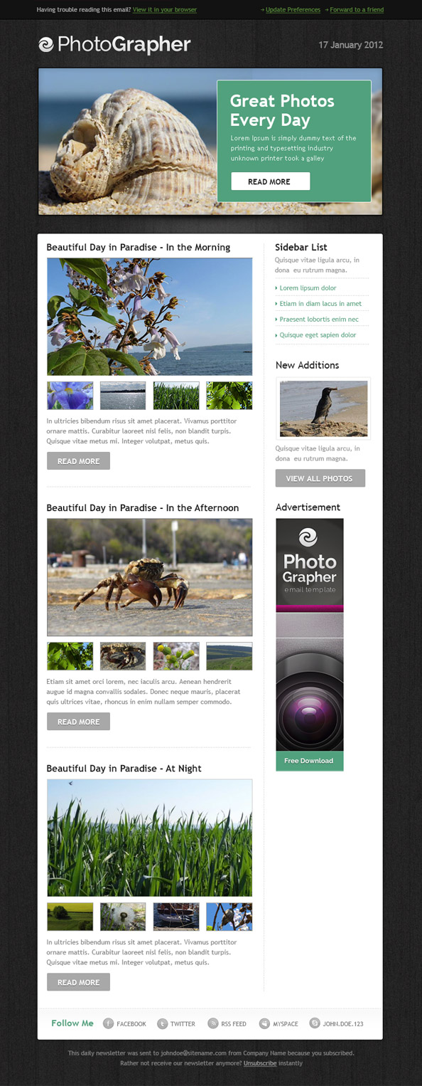 Free Html Email Template PhotoGrapher Preview