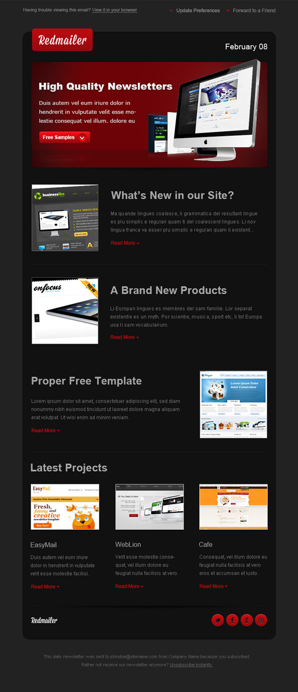 Free Newsletter Template Redmailer Preview